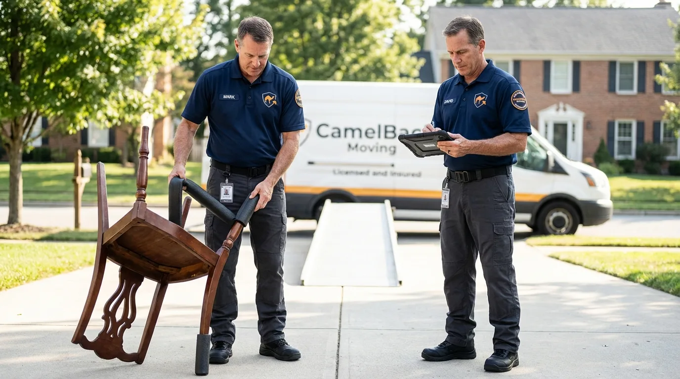 Movers inspecting furniture for damage prevention before loading in Cedartown, GA