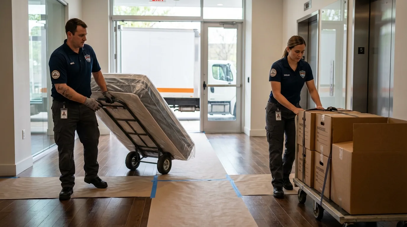 Professional apartment movers loading elevator in Cedartown, GA